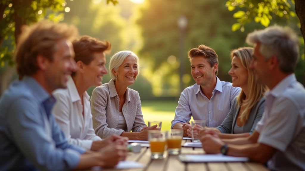 Grupo de adultos em conversa colaborativa ao ar livre