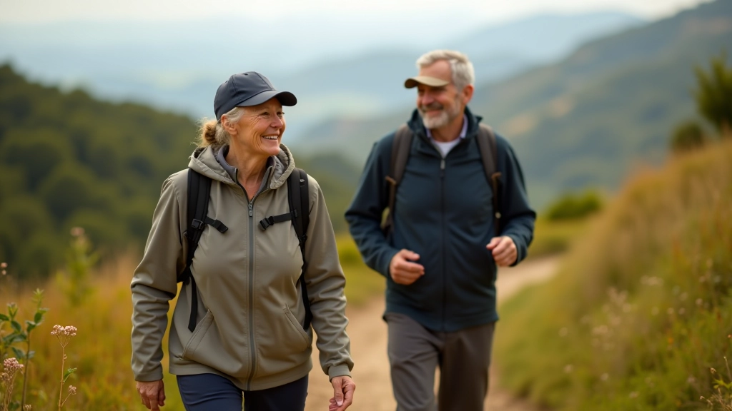 Casal maturo ativo em ambiente exterior, representando manutenção de atividade física