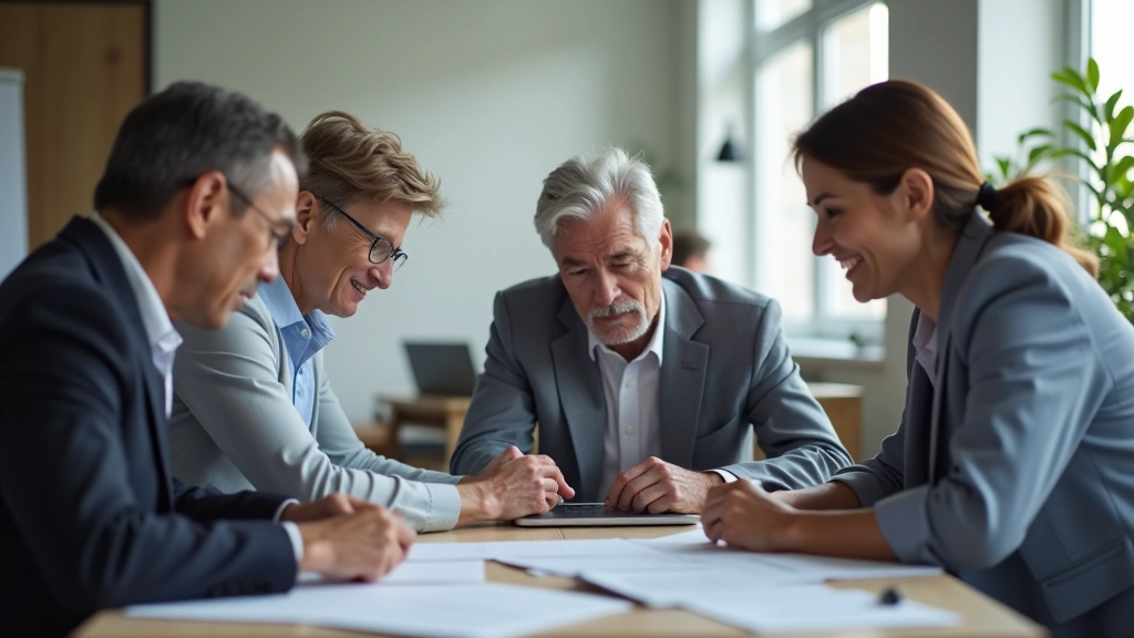 Grupo diverso de profissionais de diferentes idades a trabalhar colaborativamente num projeto, ambiente moderno e acolhedor
