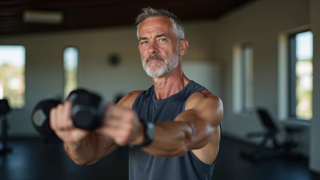 Homem de meia-idade a fazer exercício de força com halteres numa sala de treino, focado e concentrado