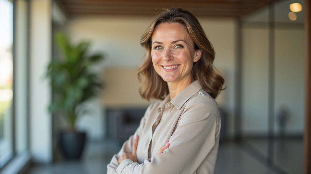 Profissional adulto maduro em um ambiente moderno de coaching, sorriso confiante, iluminação natural clara, atmosfera de crescimento pessoal