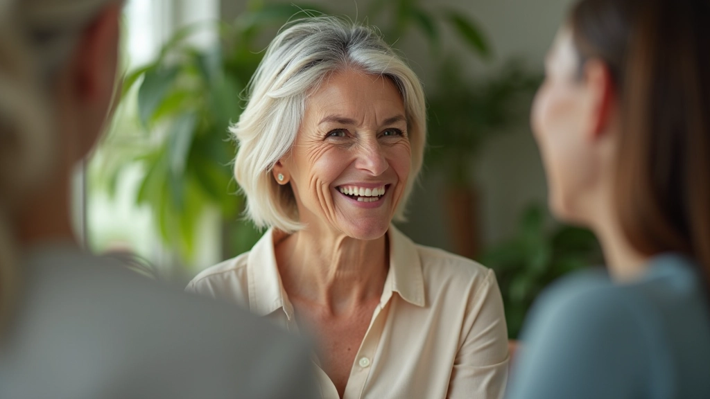 Mulher adulta sorrindo durante sessão de coaching