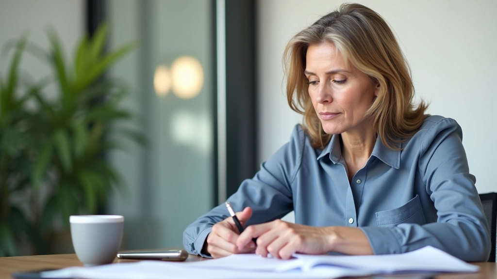 Pessoa a rever documentos e planeamento de carreira com gráficos e notas, numa secretária bem organizada com café ao lado