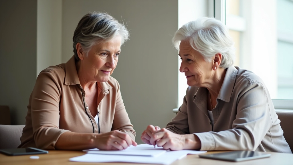Duas mulheres maduras a revirem documentos e a planearem um projeto num espaço comunitário com luz natural
