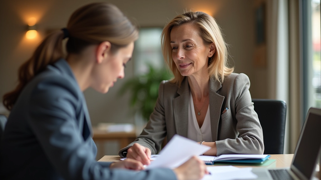 Voluntário a orientar uma jovem mulher com documentos e tablets em ambiente de escritório acolhedor