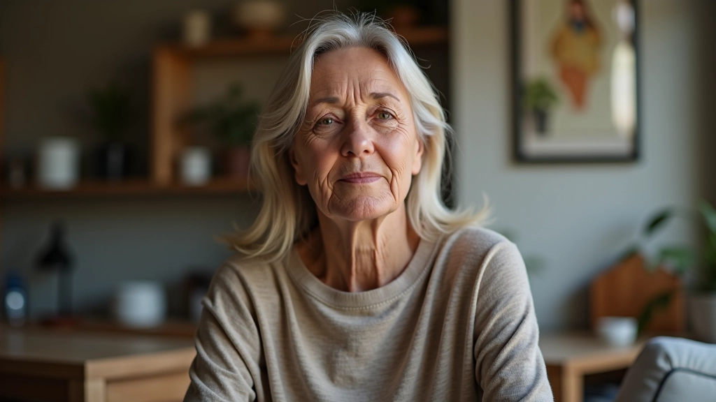 Mulher madura a trabalhar, várias tarefas ao redor, aparência sobrecarregada mas determinada, ambiente doméstico