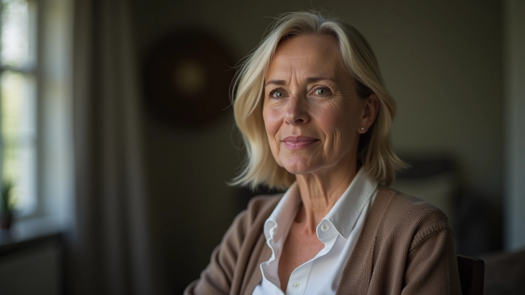 Mulher madura a reflectir sozinha, espaço pessoal, luz natural, expressão contemplativa, ambiente tranquilo