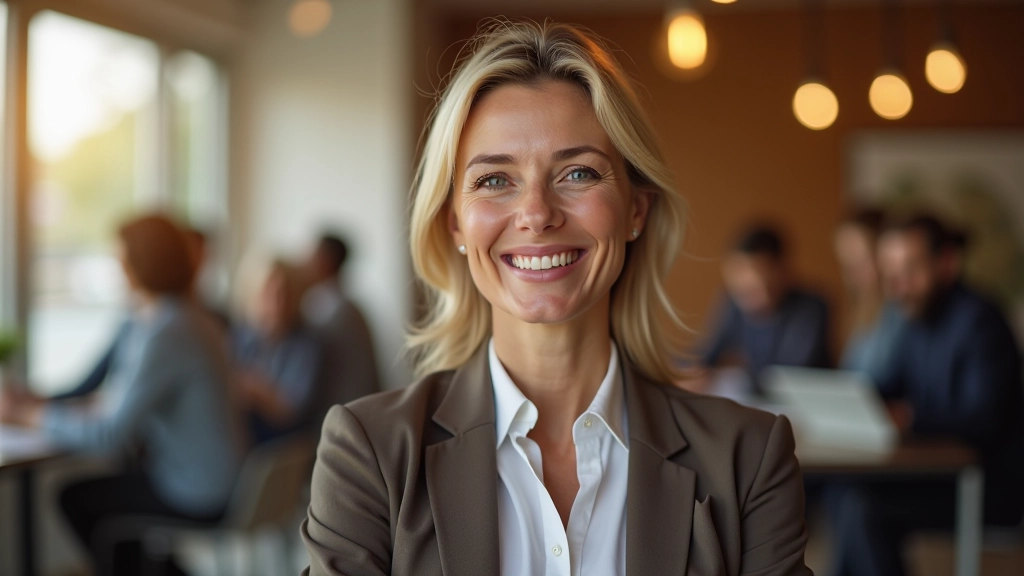 Mulher adulta sorridente em ambiente de trabalho colaborativo